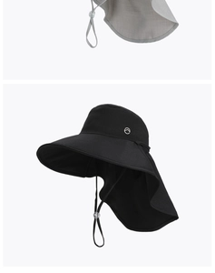 Détail de chapeau soleil extérieur avec large bord, rabat de cou et cordon coupe-vent réglable