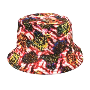 Detailed view of colorful tie-dye patterns on a cotton bucket hat for outdoor fashion