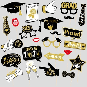 25pcs 2024 graduation photo booth props with black and gold hats, glasses, and bow ties