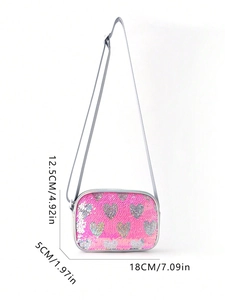 Pink heart sequin crossbody bag with chain strap and 18cm dimension scale detail