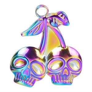 Detailed macro view of high-quality rainbow plated stainless steel skull cherry pendant