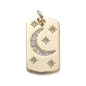 Gold rectangular pendant necklace with moon star engraving and sparkling zircon stones