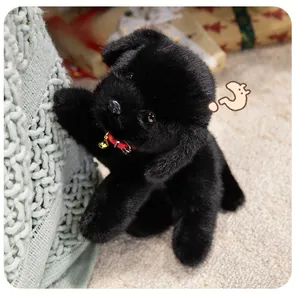 Close-up of black Labrador plush toy with a red leather collar and golden bell