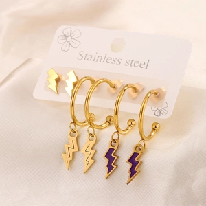 Detail of gold and purple enamel lightning bolt earrings on stainless steel display card
