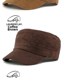 Close-up of coffee brown suede cadet hat showing metal eyelets and decorative stitching