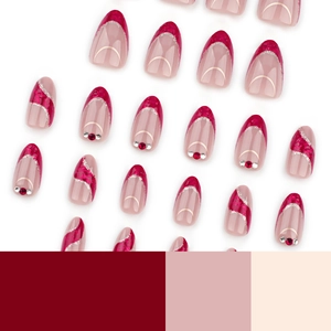 French red glitter almond press-on nails with wave patterns and rhinestones