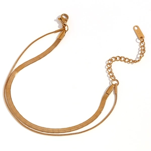 Minimalist double layer 18K gold plated stainless steel snake and round chain bracelet