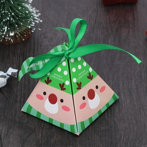 Pyramid Christmas candy gift boxes with reindeer design and green ribbon ties