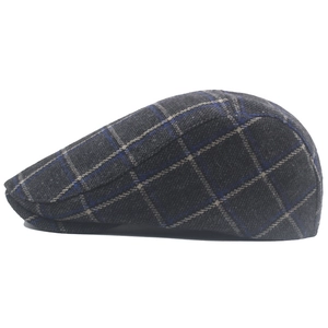 British style mens plaid flat cap in dark grey wool blend with adjustable back strap