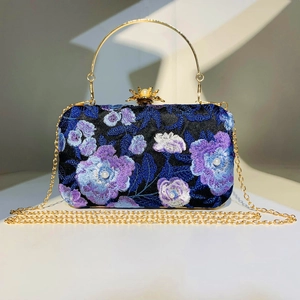 Floral Embroidery Evening Bag Artificial Pearl Beaded Clutch Bag Faux Satin Gold Metal Ring Handle Chain Strap Vintage Wedding Party