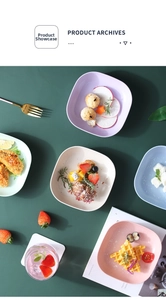 Set of five square snack plates in pastel colors featuring waffles and fruits