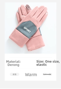 Detailsicht der rosa Touchscreen-Handschuhe mit Sport-Logo und Thermo-Samtgewebe