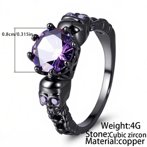 Vintage gun-color punk skull ring with purple cubic zirconia and copper band