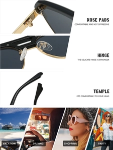 Détails des charnières métalliques et des plaquettes en silicone des lunettes de soleil