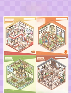 Detailed isometric view of four DIY miniature hobby room scenes and 3D sticker models