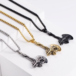 Three men's stainless steel dragon axe pendants in gold, silver, and black finish