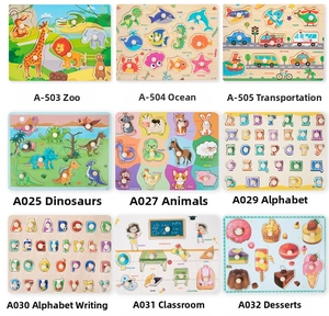 Nine diverse wooden peg puzzles for early learning featuring animals and alphabet themes