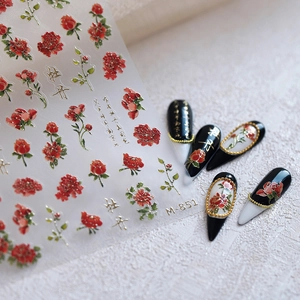 Autocollants nail art M-851 avec fleurs rouges et motifs de calligraphie dorée