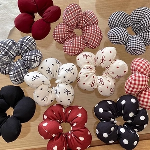 Flower Shape Scrunchies Fabric Puffy Hair Ties Plaid Heart Bow Print Ponytail Holder Bun Maker Sweet Style For Women Girls