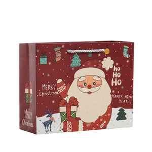 Red Christmas Santa Claus paper gift bag with white rope handles and festive illustrations