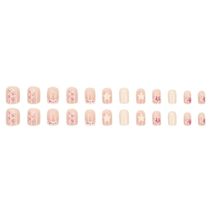 Short square press-on nails set with pink stars, ribbons, and heart patterns on 24 pieces