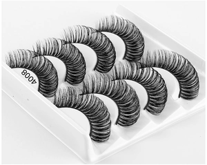 Detailed macro view of 5 pairs of thick curly black Russian volume faux eyelashes in tray 4008