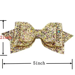 Detailed view of a 5-inch glitter bow accessory showing dimensions of 5x2 inches