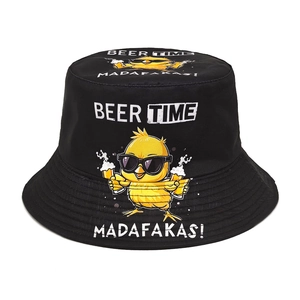 Chapeau bob en coton noir avec motif poussin humoristique buvant de la bière et texte