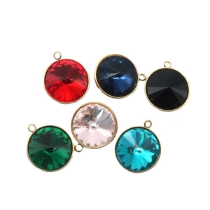 Set of six colorful faceted crystal pendants in gold stainless steel frames on white background
