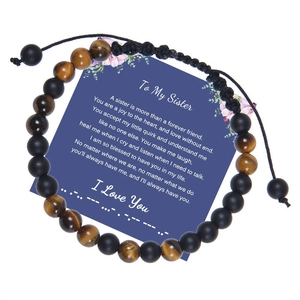 Bracelet en œil de tigre et pierre noire mate avec carte message en code Morse pour sœur
