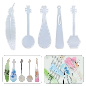 Lot de 5 moules en silicone pour marque-pages en résine avec plumes et instruments de musique