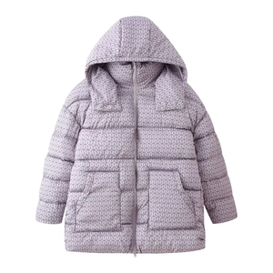 Manteau long à capuche pour femme en coton violet clair avec imprimé géométrique tendance