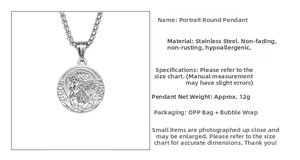 Close-up of vintage stainless steel Greek coin pendant with embossed religious portrait