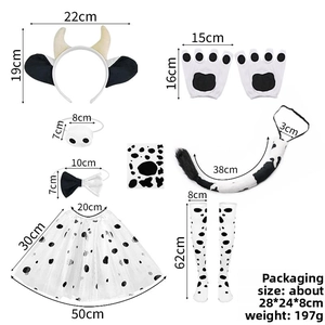 Size chart for cow costume accessories including headband, tail, bowtie, and tutu skirt