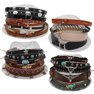 Detail of bohemian faux leather hat bands with turquoise accents and metal studs