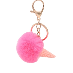 Cute pink faux fur pompom ice cream cone keychain with rose gold metal lobster clasp