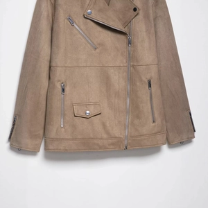 Tan faux suede biker jacket with silver metal zippers and buttons on a white background