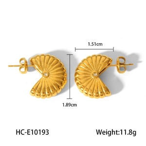 Macro view of gold stainless steel fan earrings with radial texture and dimensions