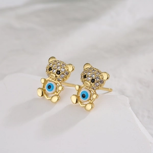 18K gold plated bear stud earrings with sparkling cubic zirconia and evil eye detail