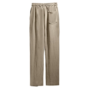 Detail shot of khaki vertical striped knit pants with elastic waist and back patch pocket