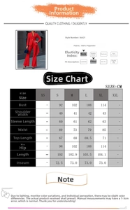 Detailed size chart for red blazer suit including measurements for bust, waist and hips