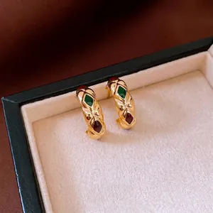 French Vintage C-Shaped Hoop Earrings For Women With Quilted Texture Red Green Enamel And Silver Earring Post