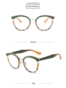 Detail view of round TR90 eyeglasses with gray orange gradient frames and golden metal temples