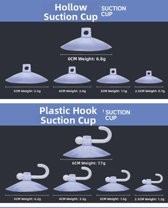 Size chart for transparent vacuum suction cups showing weight data for 3cm to 6cm hooks