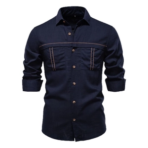 Men's navy long-sleeved casual shirt with double chest pockets in a solid color design