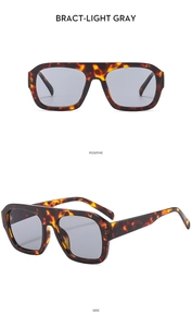 Macro view showing tortoise frame aviator sunglasses with light gray lenses from two angles