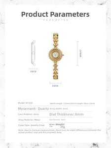 Detailed size specifications for the gold quartz watch with rhinestones and jewelry clasp