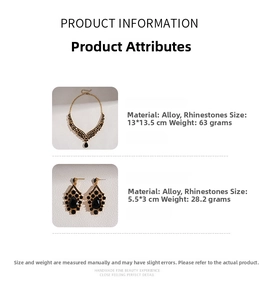 Detail view of vintage V-shape necklace and drop earrings with black rhinestones
