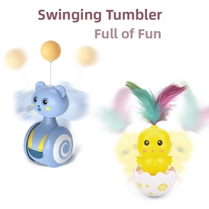 Detail of tumbler cat toys with feathers and elastic balls showing the rocking motion