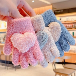 Fuzzy winter knit gloves for kids with heart patches in pink, beige and blue colors